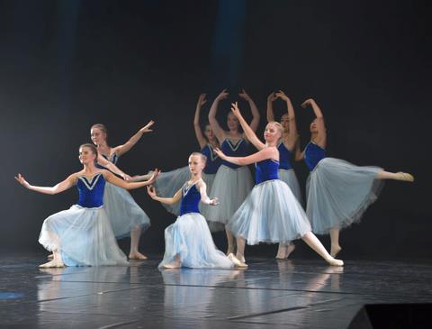 Billedet viser balletpiger Avanceret A der træner i balletsalen i blå/hvid kostumer. 